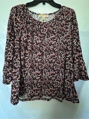 Michael Kors Floral Bell Sleeve Blouse Top Wine Pink Black - Size L